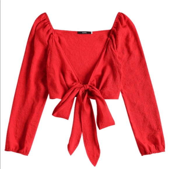Zaful Tops - Red Large Tie Over Crop Blouse